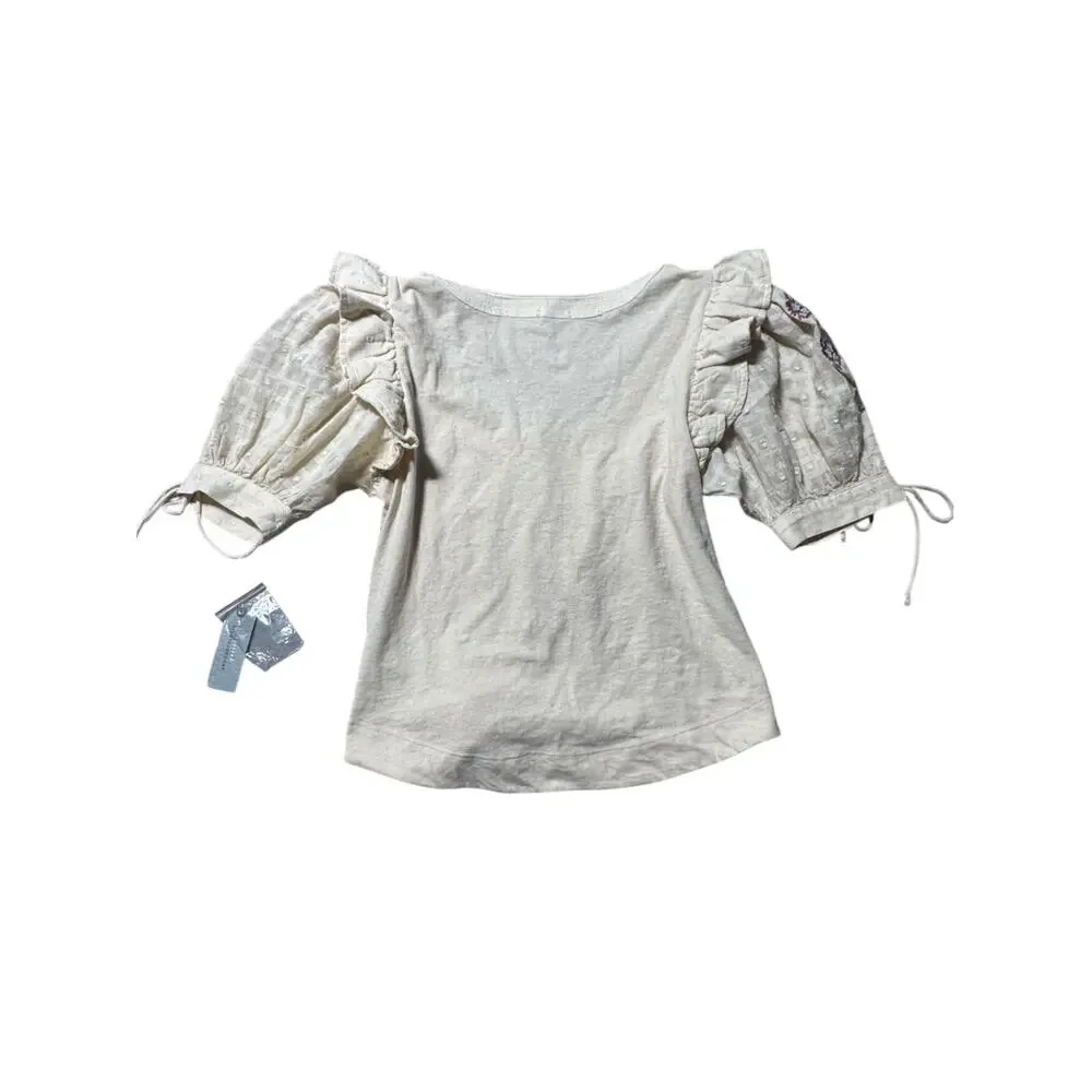 NWT By Anthropologie Embroidered Puff-Sleeve Blouse Top Womens M Cream Ruffled